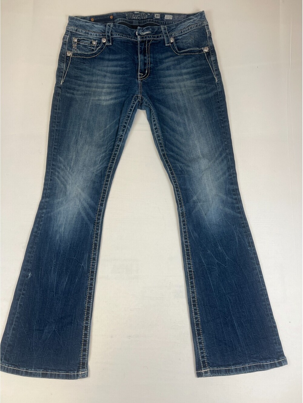 Miss Me Women 30x31 Mid-Rise Easy Boot Jeans Blue Lace Rhinestone Denim